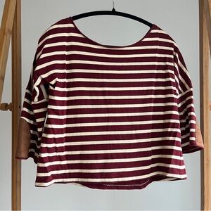 Striped Boat Neck Crop Top with Suede Elbow Patches/Size Small